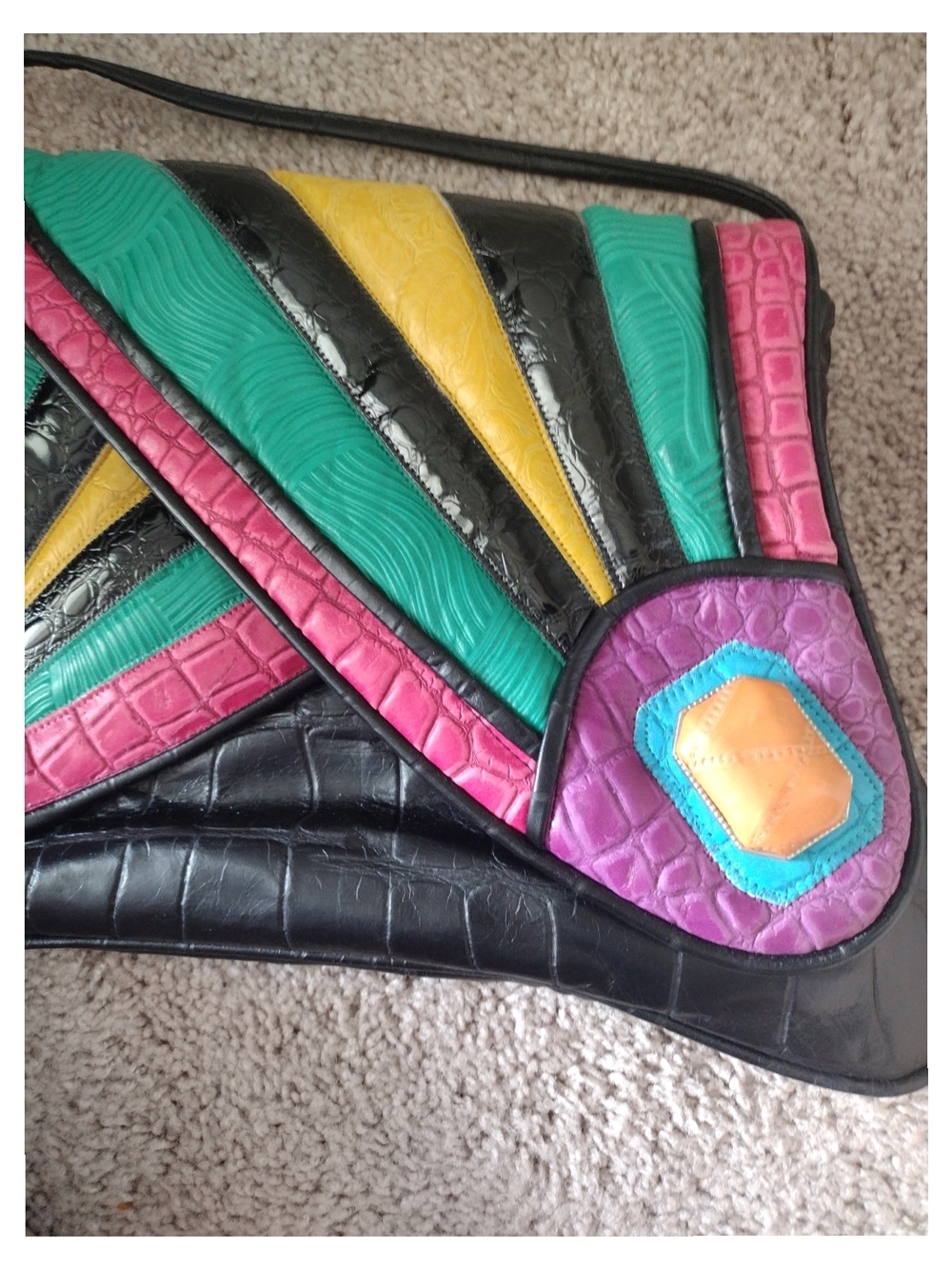 1980s Noble Handbags Inc Colorful Geometric Leather Crossbody Bag - Multicolor - Picture 5 of 13